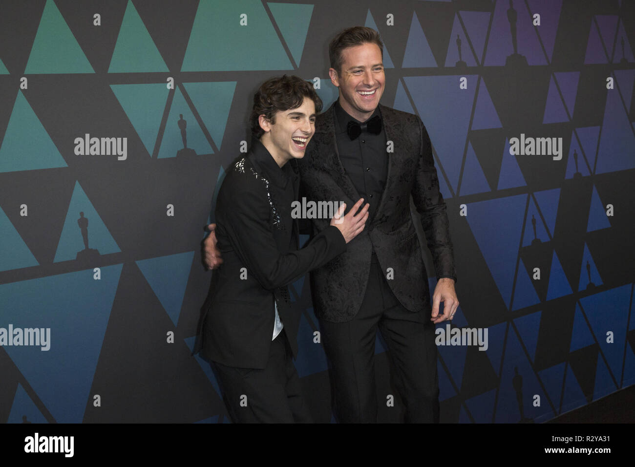 Timothe`e Chalamet and Armie Hammer attend the Academy’s 2018 Annual Governors Awards in The Ray Dolby Ballroom at Hollywood & Highland Center in Hollywood, CA, on Sunday, November 18, 2018. Stock Photo